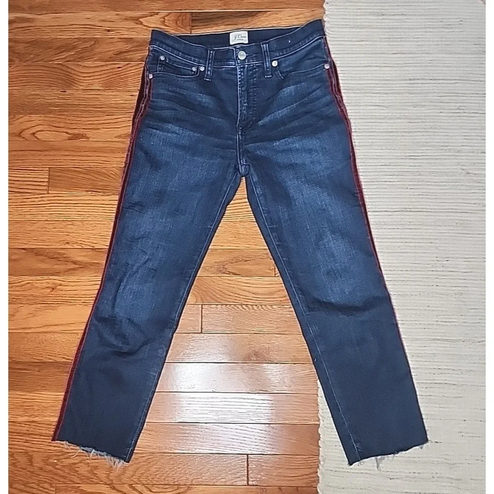 J Crew Vintage Straight Denim Crop Jeans Dark Wash Red Velvet Stripe Mid Rise 27